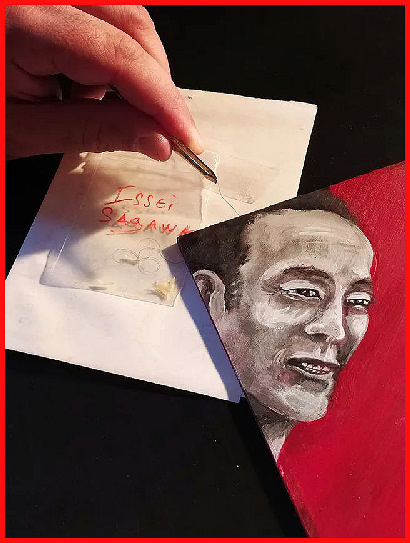 Nico Claux adding one of Issei Sagawa's hairs to the portrait of him he is painting on a Ouija Board
